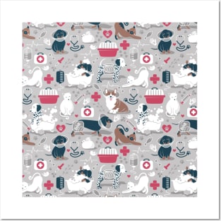 Veterinary medicine, happy and healthy friends // pattern // grey background red details navy blue white and brown cats dogs and other animals Posters and Art